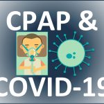 CPAP and COVID-19 graphic with a CPAP user and a virus illustration