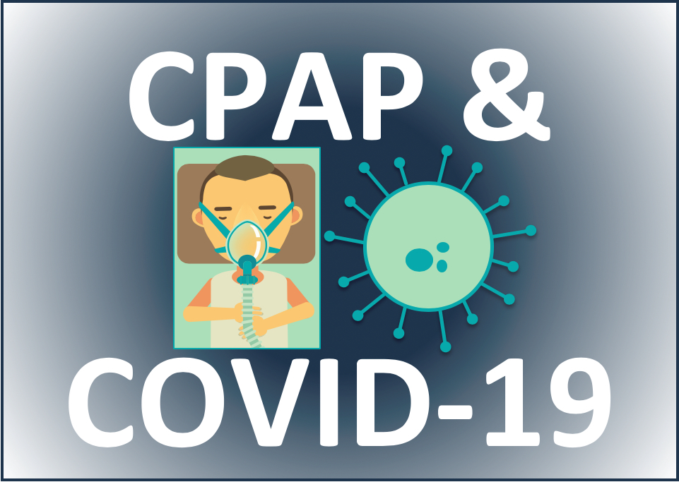 CPAP and COVID-19 graphic with a CPAP user and a virus illustration