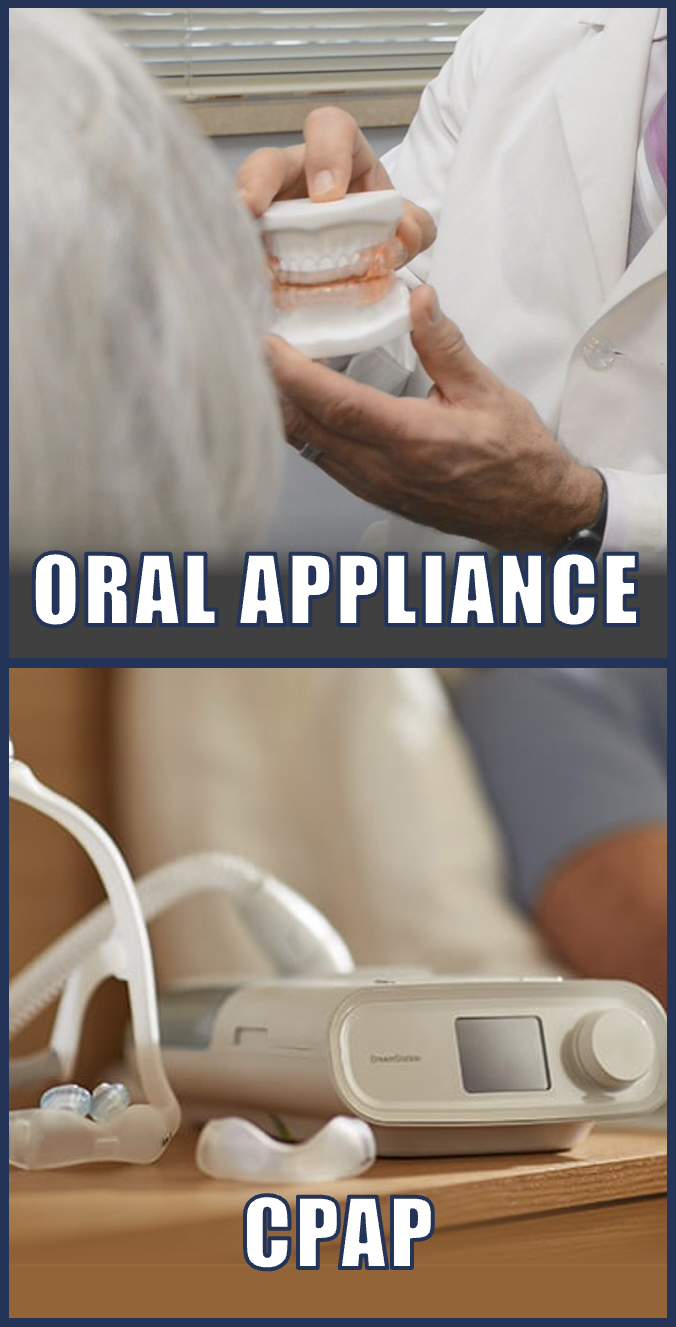 Oral appliance shown on a dental model above a CPAP machine and mask