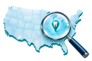 dentistmap Illustration of a United States map with a magnifying glass